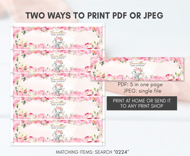 Puede incluir: Cinco etiquetas imprimibles para botellas de agua con un dise&ntilde;o floral rosa con un elefante gris sosteniendo una flor rosa. Las etiquetas dicen "Baby Shower de Samantha". El texto "PDF: 5 en una p&aacute;gina JPEG: archivo &uacute;nico IMPRIMIR EN CASA O ENVIAR A CUALQUIER TIENDA DE IMPRESI&Oacute;N ART&Iacute;CULOS QUE COINCIDEN: BUSCAR "0224"" tambi&eacute;n est&aacute; incluido.