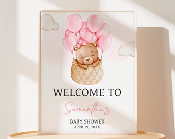 Editable Girl We Can Bearly Wait Baby Shower Welcome Sign, Pink Hot Air Balloon Bear Baby Shower Welcome Poster, Bear Boho Baby Shower, 0705