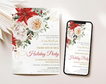 Può includere: Invito a una festa natalizia con design floreale. L'invito presenta stelle di Natale rosse, rose bianche e fogliame verde. Il testo recita "Holiday Party" con i dettagli dell'evento. Uno smartphone mostra lo stesso invito.