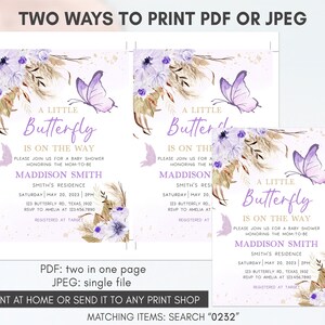 K&ouml;nnte beinhalten: Zwei druckbare Babyparty-Einladungen mit einem lila Schmetterling und einem floralen Design. Der Text lautet "A Little Butterfly is on the Way" und enth&auml;lt den Namen "Maddison Smith".