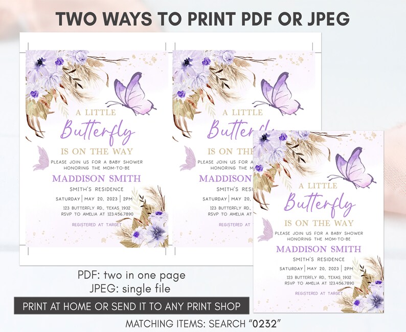 K&ouml;nnte beinhalten: Zwei druckbare Babyparty-Einladungen mit einem lila Schmetterling und einem floralen Design. Der Text lautet "A Little Butterfly is on the Way" und enth&auml;lt den Namen "Maddison Smith".