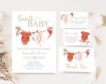 May include: A baby shower invitation set with a Christmas theme. The invitation features the text "Santa Baby" and details for the event. Additional cards include a diaper raffle, books for baby, and thank you notes. The design includes red and white baby clothes.