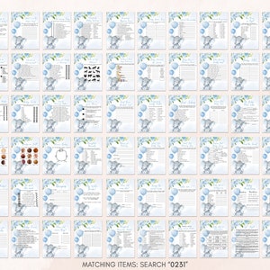 May include: A set of 25 printable baby shower game cards featuring a blue and grey elephant design with blue balloons. The cards include games like "Guess the Baby Food", "Baby Bingo", and "Who Knows Mummy Best".