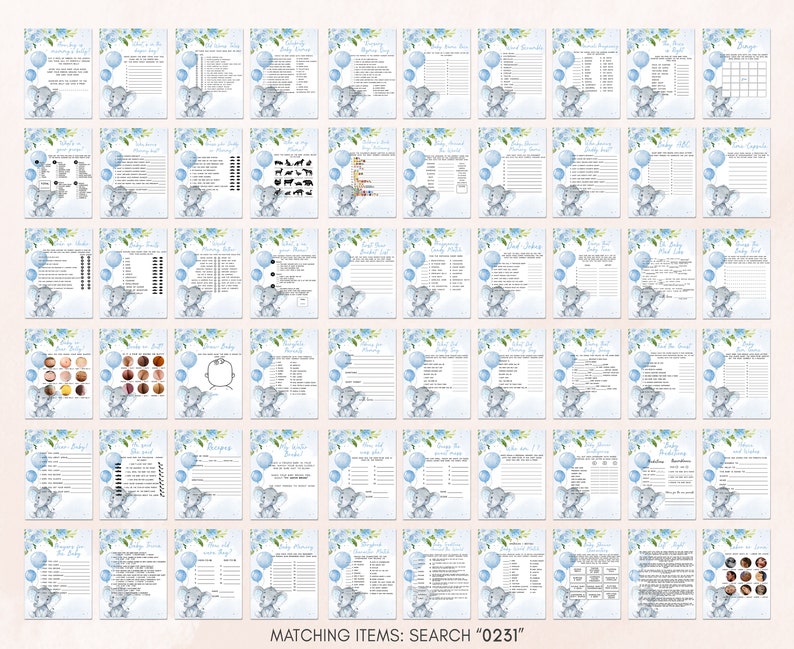 May include: A set of 25 printable baby shower game cards featuring a blue and grey elephant design with blue balloons. The cards include games like "Guess the Baby Food", "Baby Bingo", and "Who Knows Mummy Best".