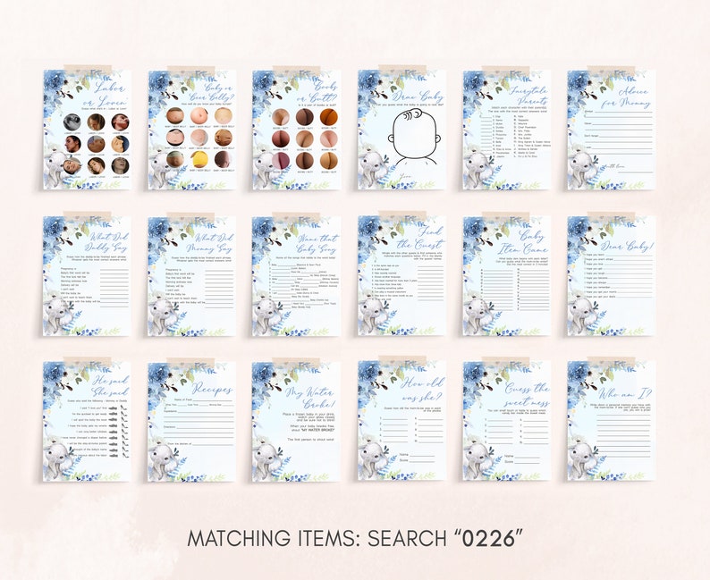 Peut inclure: Un ensemble de 12 cartes de jeu de baby shower imprimables avec un motif floral bleu et blanc et une illustration de lapin mignon. Les jeux incluent "Travail ou Zoom", "B&eacute;b&eacute; ou Bouteille", "Devinez la chanson de b&eacute;b&eacute;", "Trouvez l'invit&eacute;", "Jeu d'objets pour b&eacute;b&eacute;", "O&ugrave; est b&eacute;b&eacute; !" et plus.
