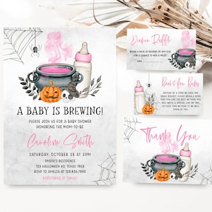 編集可能なピンクの「A Baby is Brewing」ハロウィンベビーシャワー招待状セット、女の子向けハロウィンベビーシャワー招待状セット、ピンクの魔女ベビーシャワー、0492