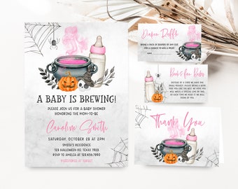 編集可能なピンクの「A Baby is Brewing」ハロウィンベビーシャワー招待状セット、女の子向けハロウィンベビーシャワー招待状セット、ピンクの魔女ベビーシャワー、0492