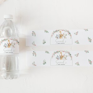 Edytowalna etykieta na butelkę Baby Shower dla dziewczynki Safari, różowe kwiatowe etykiety na wodę do kąpieli dla dziewczynki Safari Animals, naklejki na butelkę, 0307 zdjęcie 2