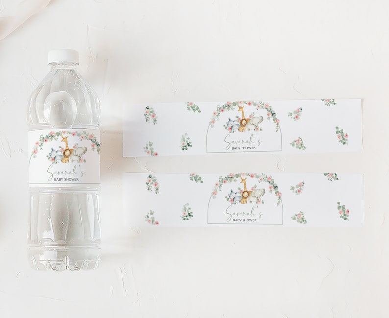 Edytowalna etykieta na butelkę Baby Shower dla dziewczynki Safari, różowe kwiatowe etykiety na wodę do kąpieli dla dziewczynki Safari Animals, naklejki na butelkę, 0307 zdjęcie 2