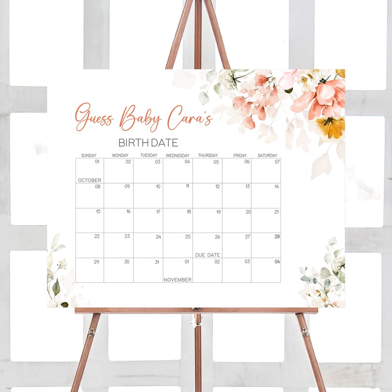 Editable Oh Baby Spring Baby Shower Due Date Calendar, Spring Flowers Baby Shower Calendar, Floral Girl Baby Shower Birthday Prediction 0628 image 1
