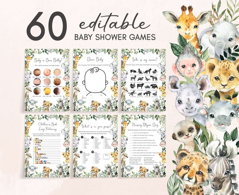 Editable Safari Baby Shower Games Bundle, Sweet Baby Boy Jungle Baby Shower Game Pack, Greenery Safari Animals Boy Baby Shower Games, 0678 image 1
