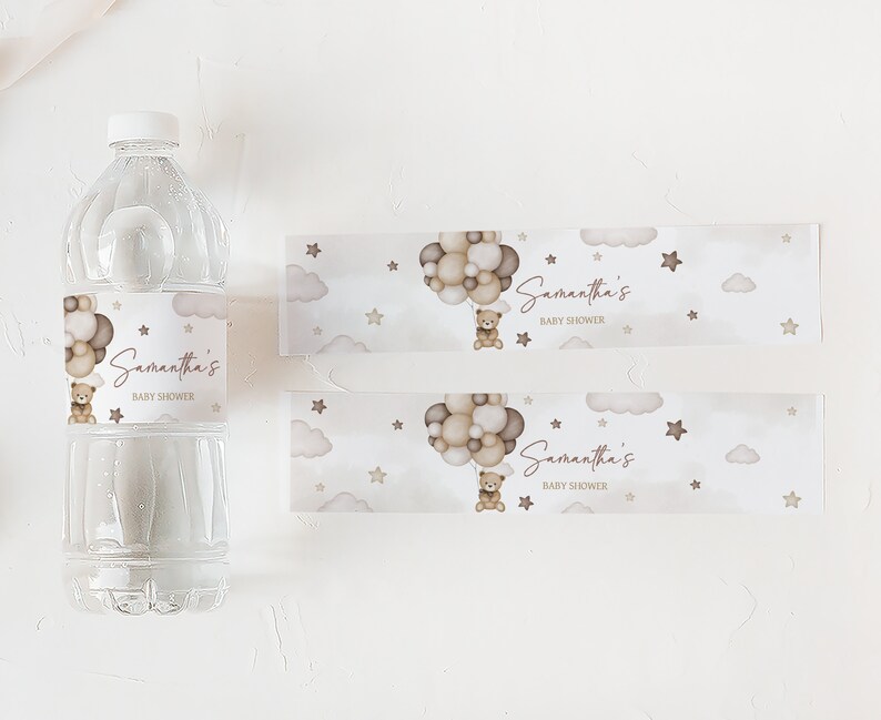 Editable Bear Balloon Baby Shower Bottle Label, We Can Bearly Wait Baby Shower Water Labels, Gender Neutral Brown Bear Bottle Stickers, 0605 image 3