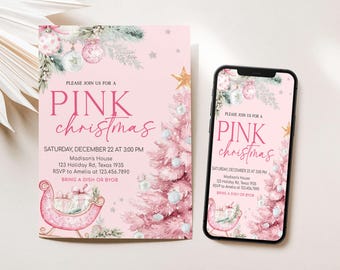 May include: A pink Christmas invitation and a smartphone displaying the same design. The invitation features a pink Christmas tree, ornaments, and the text "PINK christmas". The smartphone shows the invitation design.