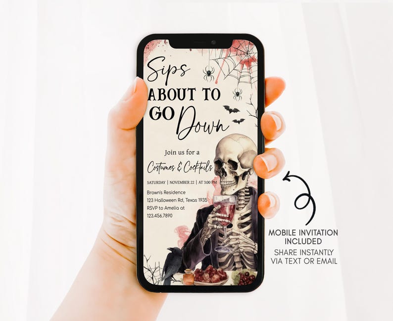 A hand holding a smartphone displaying an invitation for a costume and cocktail party.