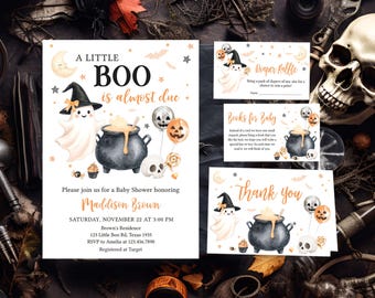 Bundle d'invitations modifiable « Un petit huard est presque dû », invitation à une baby shower fantôme fantasmagorique, shower d'halloween non sexiste, 01149
