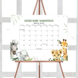 Bearbeitbarer Oh Boy Safari-Babyparty-Fälligkeitsdatumskalender, Dschungel-Babypartykalender, Greenery-Dschungel-Safaritiere Geburtstagsvorhersagen 0391