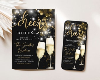 Bewerkbare nieuwjaarsuitnodiging, Cheers To The New Year invite, New Years Eve Party Invitation Template, Gold Glitter New Year Party Evite, NY4