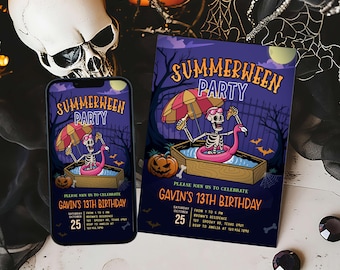 Editable Summerween Halloween Birthday Invitation, Ghost Summer Pool Party Invite, Spooky Summer 13th Birthday Invite, Skeleton Party  107BD