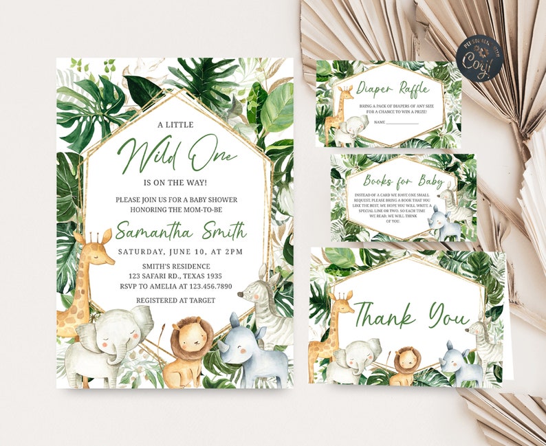 May include: A jungle-themed baby shower invitation with a gold geometric frame and green leaves. The invitation says "A Little Wild One is on the way!" and includes the name "Samantha Smith".