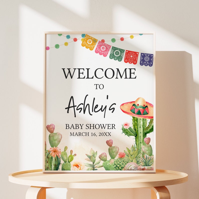 Taco editable sobre un cartel de bienvenida de baby shower, cartel de bienvenida de fiesta baby shower, cartel de baby shower mexicano de cactus, signo floral de cactus, 0637 imagen 1