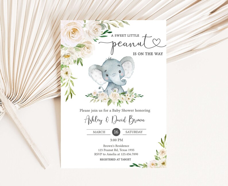 Editable Gender Neutral Elephant Baby Shower Invitation Bundle, Floral Elephant Baby Shower Invite Set, Elephant Greenery Baby Shower, 0620 image 3