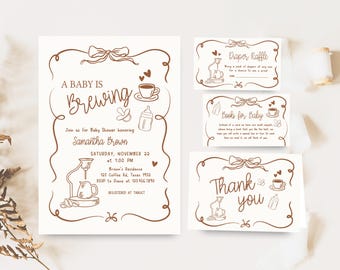 Paquete de invitaciones editables para baby shower "Un bebé está naciendo", invitación de café dibujada a mano, juego de invitaciones caprichosas con granos de café, 01157