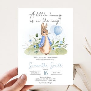 Invito modificabile per la festa di nascita di un bambino con coniglietto Peter blu, coniglietto, modello di invito per la festa di nascita di un bambino con palloncino a forma di coniglio, 0664