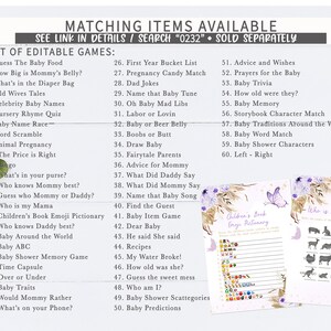 May include: A printable set of baby shower games with a purple and white floral theme. The games include "Guess the Baby Food", "Who Knows Mommy Best", "Baby Shower Memory Game", "Baby Traditions Around the World", and more.