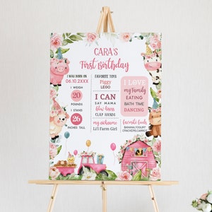 Editable Farm Birthday Milestone Sign, Pink Barnyard Birthday Milestone Poster, Girl Farm Animals First Birthday Party Milestone Board 321BD