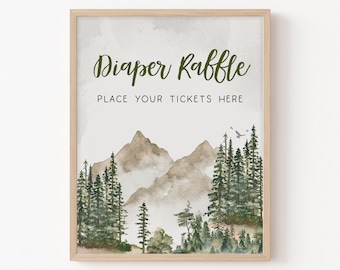 Diaper Raffle Sign Let the Adventure Begin Baby Shower Woodland Baby Shower Diaper Game Sign Tree Mountain Sign Gender Neutral Template 0193