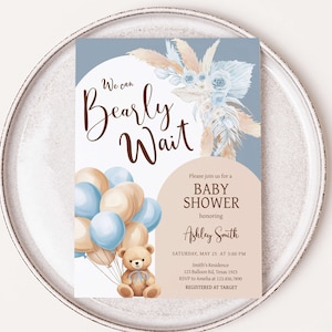 Editable Bear Baby Shower Invitation, We Can Bearly Wait Boho Baby Shower Invite, Blue Balloon Arch Boy Baby Shower Invitation Template 0690 image 1