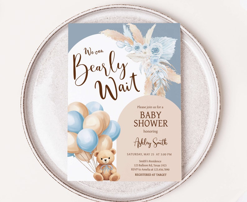 Editable Bear Baby Shower Invitation, We Can Bearly Wait Boho Baby Shower Invite, Blue Balloon Arch Boy Baby Shower Invitation Template 0690 image 1
