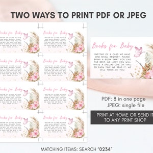 May include: Printable baby shower request cards with a pink and gold floral design. The cards say "Books for Baby" and ask guests to bring a book instead of a card. The text also says "Instead of a card we have one small request, please bring a book that you like the best. We hope you will write a special line or two, so each time we read it, we will think of you."