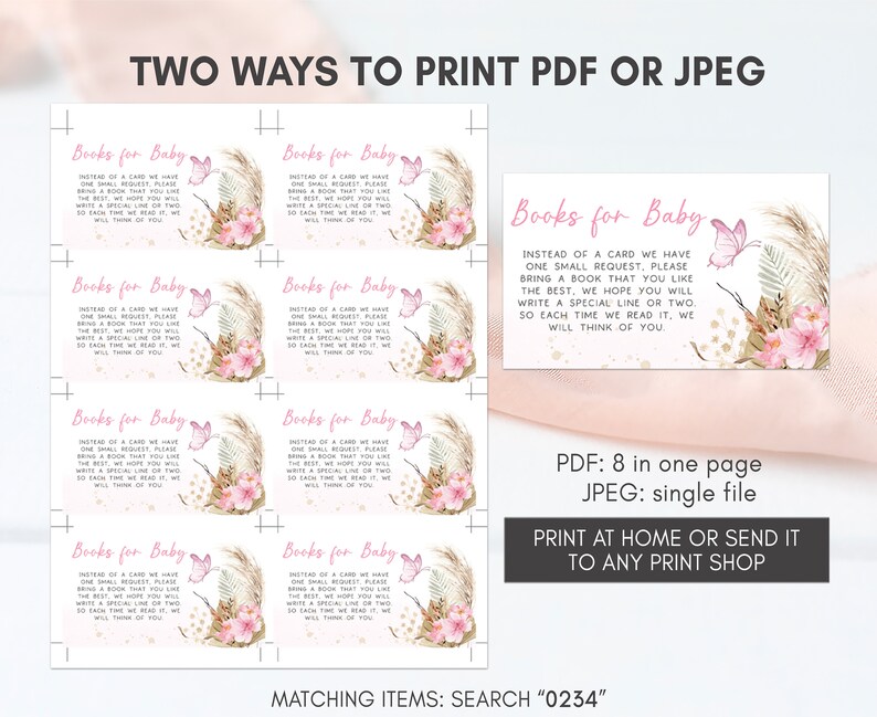 May include: Printable baby shower request cards with a pink and gold floral design. The cards say "Books for Baby" and ask guests to bring a book instead of a card. The text also says "Instead of a card we have one small request, please bring a book that you like the best. We hope you will write a special line or two, so each time we read it, we will think of you."