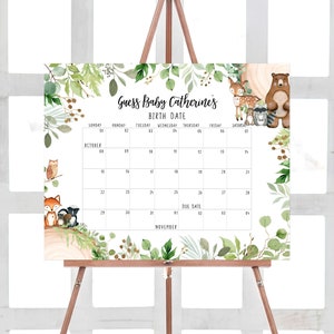 Bearbeitbarer Wald-Babyparty-fälliges Datum-Kalender-grün Waldtiere Baby-Dusche-Kalender Rustikaler Geburtstag-Vorhersage 0401