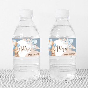 a bottle of water with a label for a baby shower
