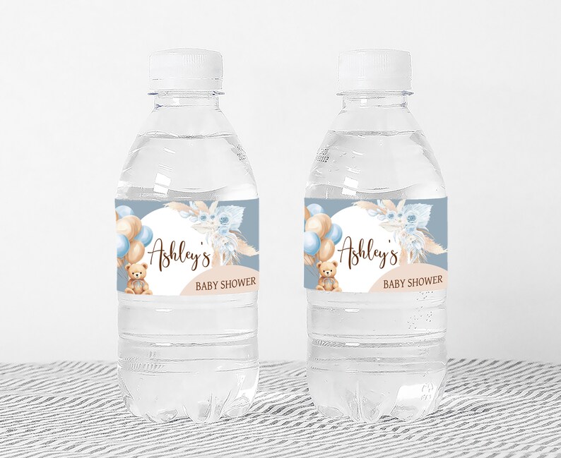 a bottle of water with a label for a baby shower
