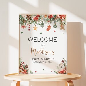 Modificabile A Merry Little Baby Shower Segno di benvenuto, Gender Neutral Christmas Baby Shower Poster di benvenuto, Greenery Winter Baby Shower Sign 0543 immagine 1