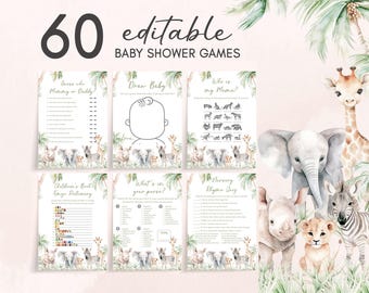 Editable Safari Baby Shower Games Bundle, A Little Wild One Greenery Baby Shower Game Pack, Safari Animals Jungle Baby Shower Games, 01060