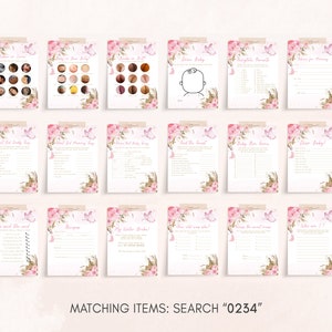 Op de afbeelding: Een verzameling babyshower-spelkaarten met roze bloemen- en vlinderontwerpen. Elke kaart heeft een ander spel, met titels als "Raad de mama" en "Lieve baby!". De kaarten zijn gerangschikt op een lichte achtergrond, met de tekst "MATCHING ITEMS: SEARCH 0234".