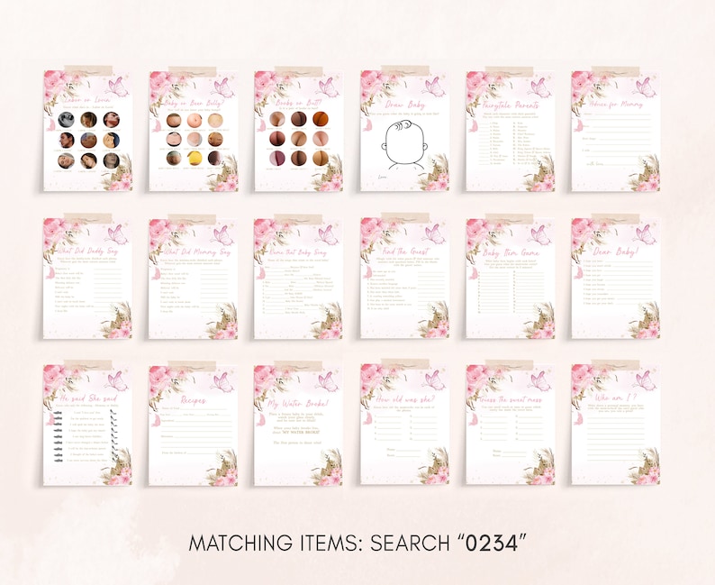 Op de afbeelding: Een verzameling babyshower-spelkaarten met roze bloemen- en vlinderontwerpen. Elke kaart heeft een ander spel, met titels als "Raad de mama" en "Lieve baby!". De kaarten zijn gerangschikt op een lichte achtergrond, met de tekst "MATCHING ITEMS: SEARCH 0234".
