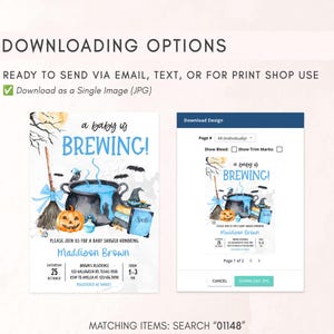 The image is a screenshot of a digital invitation for a baby shower, featuring illustrations of a baby, a pot of bubbling liquid, and Halloween-themed items such as a broom, a pumpkin, and a witch's hat.