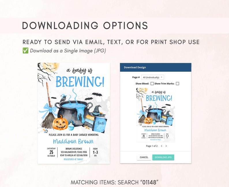 The image is a screenshot of a digital invitation for a baby shower, featuring illustrations of a baby, a pot of bubbling liquid, and Halloween-themed items such as a broom, a pumpkin, and a witch's hat.