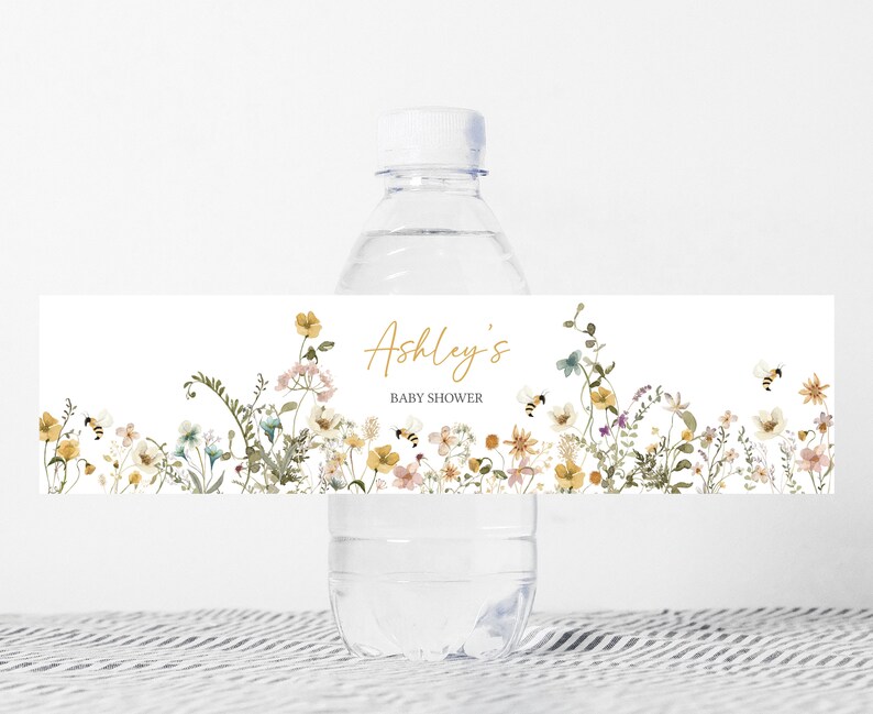 Editable Bee Baby Shower Bottle Label, Mommy to Bee Gender Neutral Baby Shower Water Label, Wildflower Bee Baby Shower Bottle Stickers, 0639 image 1