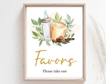 Coffee Baby Shower Favors Sign, A Baby is Brewing Baby Shower Favor Table Sign, Gender Neutral Greenery Coffee Baby Shower Favor Signs, 0813