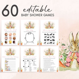 Bearbeitbares rosa Peter Rabbit-Babyparty-Spielepaket, Peter Rabbit-Mädchen-Babyparty-Spielpaket, Ein kleiner Hasenfrühlings-Babypartyspiele, 0626 Bild 1