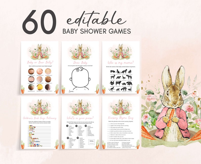 Bearbeitbares rosa Peter Rabbit-Babyparty-Spielepaket, Peter Rabbit-Mädchen-Babyparty-Spielpaket, Ein kleiner Hasenfrühlings-Babypartyspiele, 0626 Bild 1