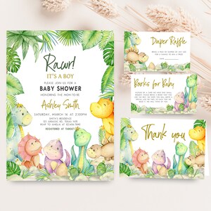 Editable Dinosaur Baby Shower Invitation Bundle, Greenery Dino Baby Shower Invite Set, Baby Dinosaur It's A Boy Baby Shower Invitation, 0680 image 1