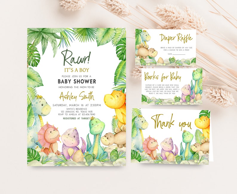 Editable Dinosaur Baby Shower Invitation Bundle, Greenery Dino Baby Shower Invite Set, Baby Dinosaur It's A Boy Baby Shower Invitation, 0680 image 1