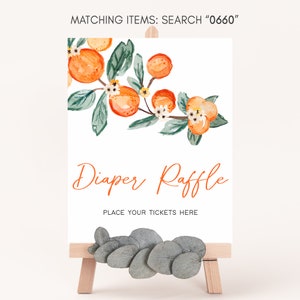 Diaper Raffle Sign A Little Cutie Baby Shower, Greenery Orange Baby Shower Diaper Game Sign, Neutral Cutie on the Way Baby Shower Sign, 0660